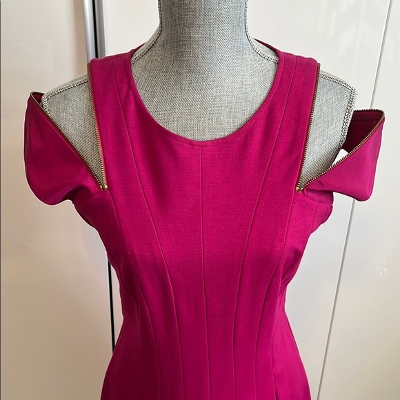 TED BAKER NWOT Fuchsia Fit and Flare Midi Dress Gold Hardware, Size 8 - Picture 3 of 12